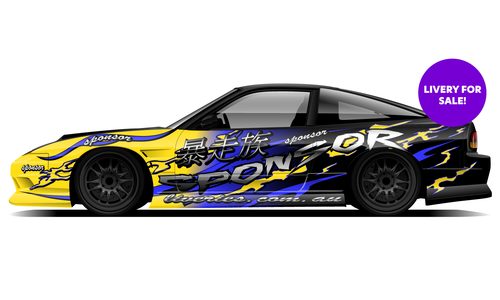 180sx JDM Nissan Yellow and black drift livery with high-contrast graphics, available for sale.