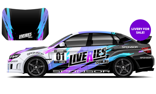 Subaru WRX STI JDM Purple and blue Circuit livery design, dynamic and available for sale.