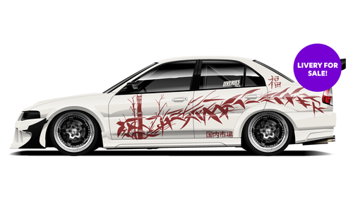 Japanese-inspired white and red drift livery design, available for sale.