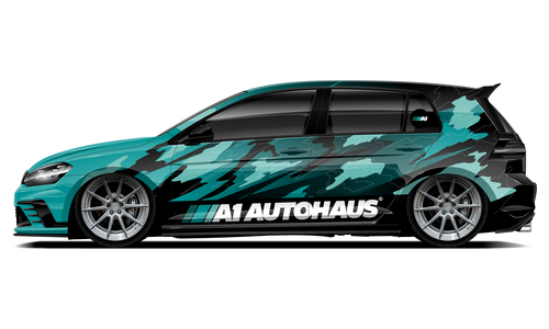 A1 Autohaus Golf R vehicle with teal camouflage livery design.