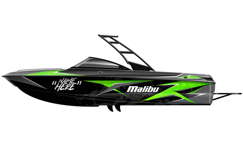 Malibu Wake Boat with vibrant green and black livery design.