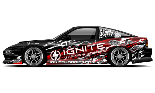 Ignite Hobbies RC 1:10 scale 180sx jdm drift car livery in red and black with bold branding.