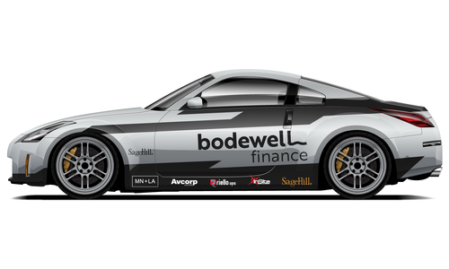 Nissan 350Z with sleek grey and black livery design for Bodewell Finance.