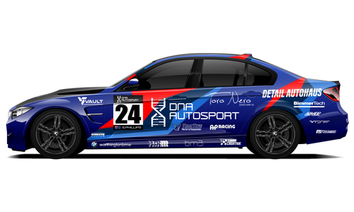 DNA Autosport BMW with blue and red racing livery design.