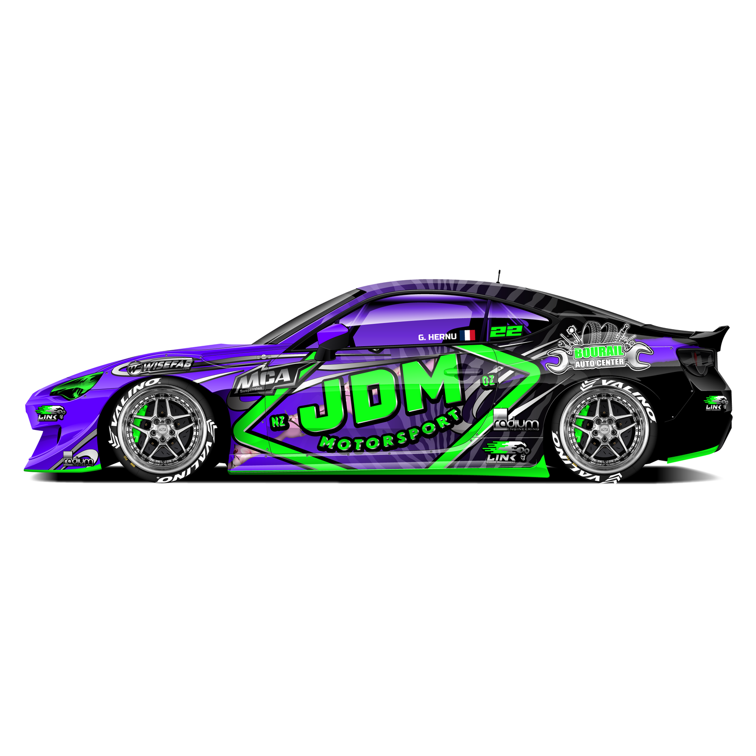 Vibrant drift car livery designed to captivate spectators, enhancing brand and sponsor visibility at high-speed events.