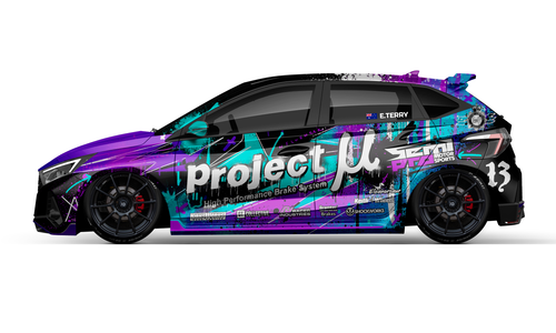 Hyundai i20n circuit racing livery in graffiti styled purple and teal.