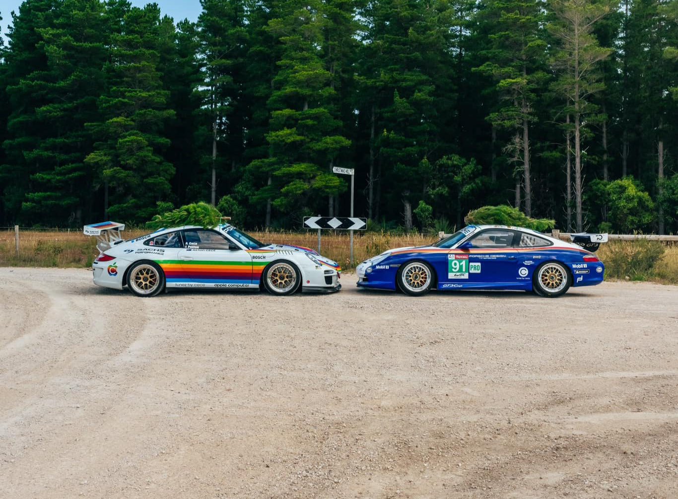 Custom Porsche livery design inspired by Rothmans and Apple vintage styles, showcasing a classic motorsport look.