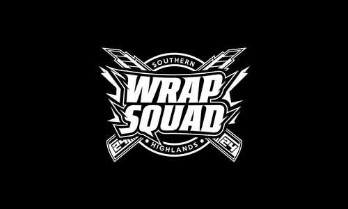 Wrap Squad logo in black and white with bold shield design.