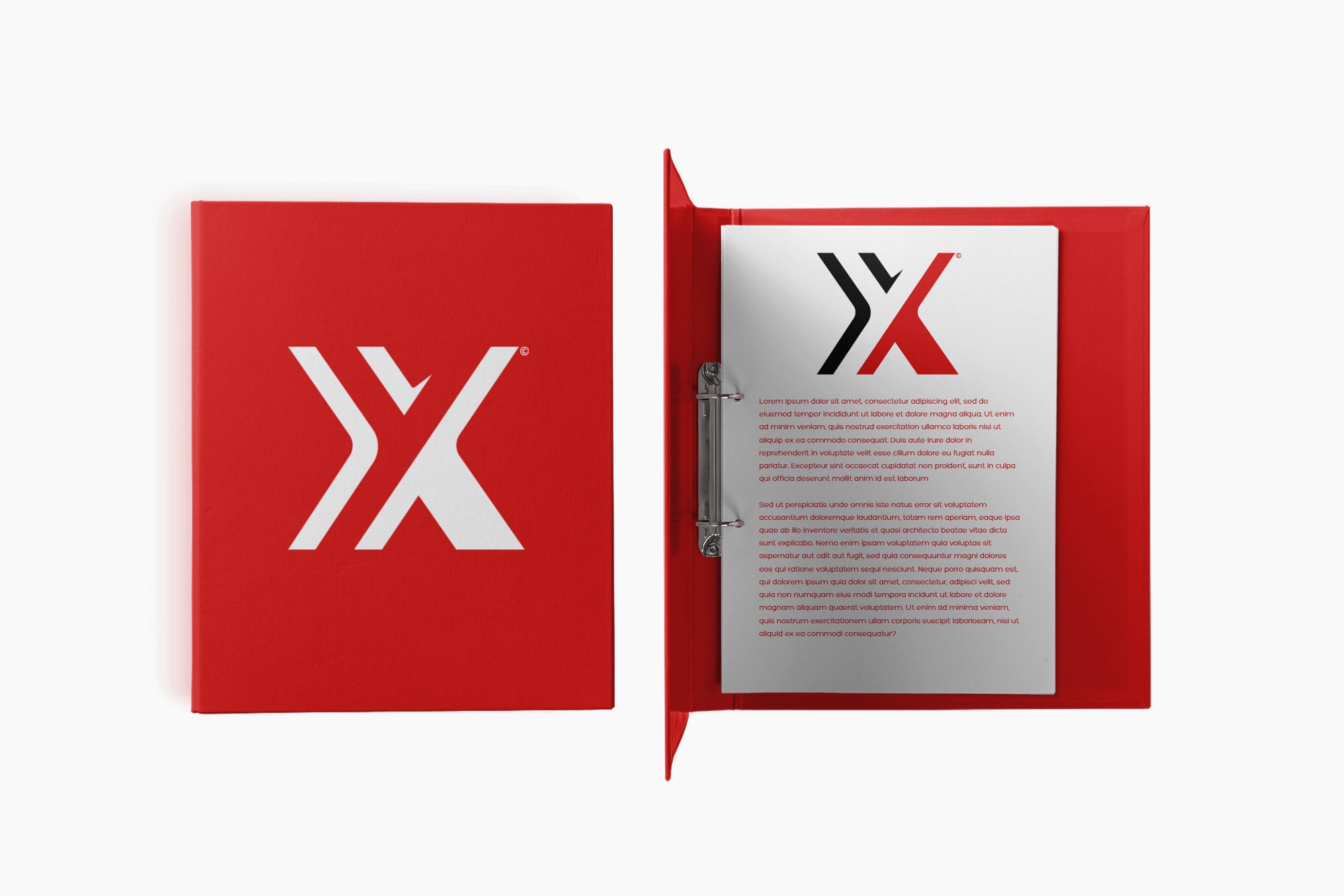 YX logo binder and folder design in bold red, representing a cohesive and professional brand identity.