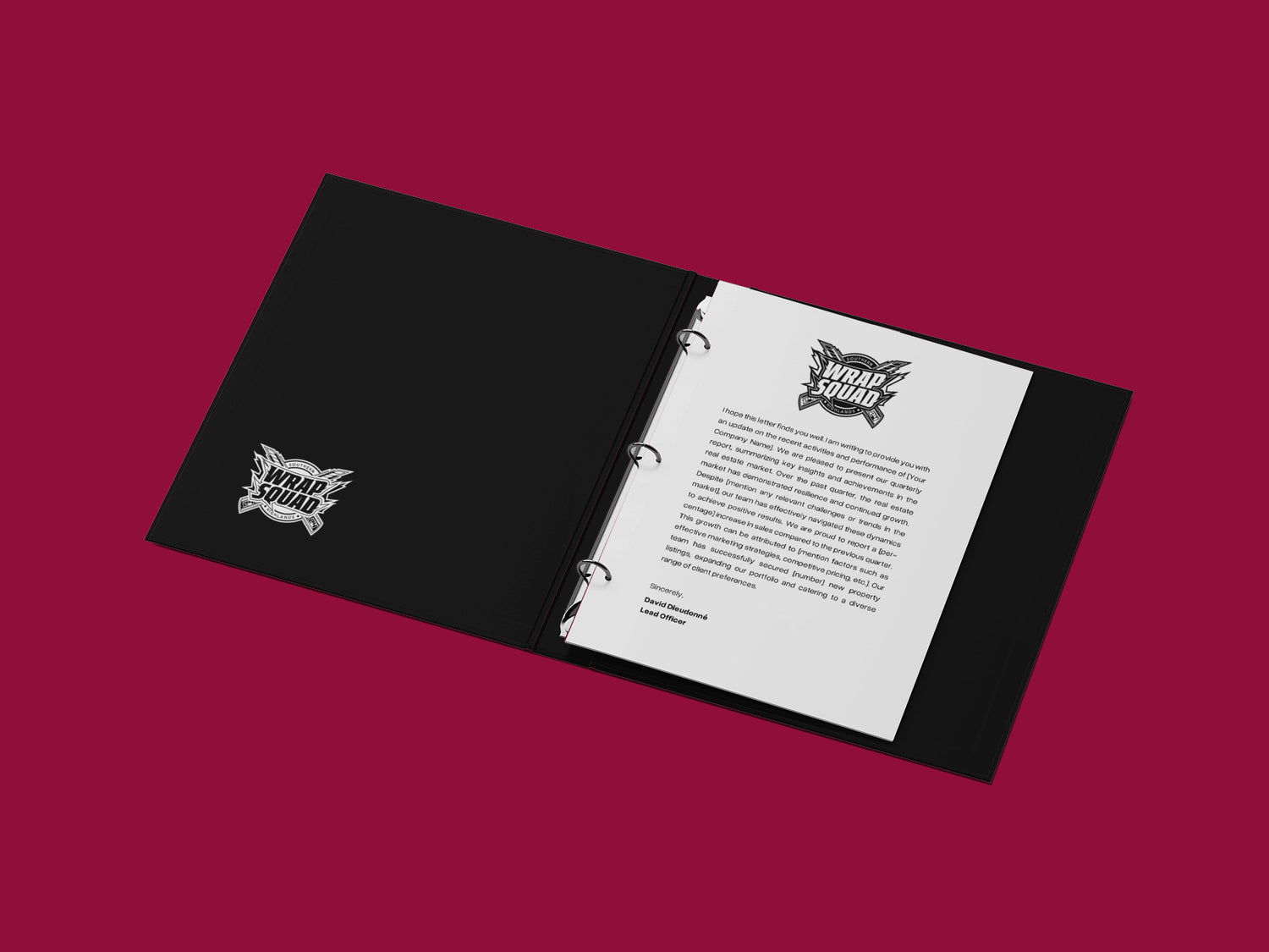 Professional presentation folder design for Wrap Squad, ideal for client meetings and corporate events.