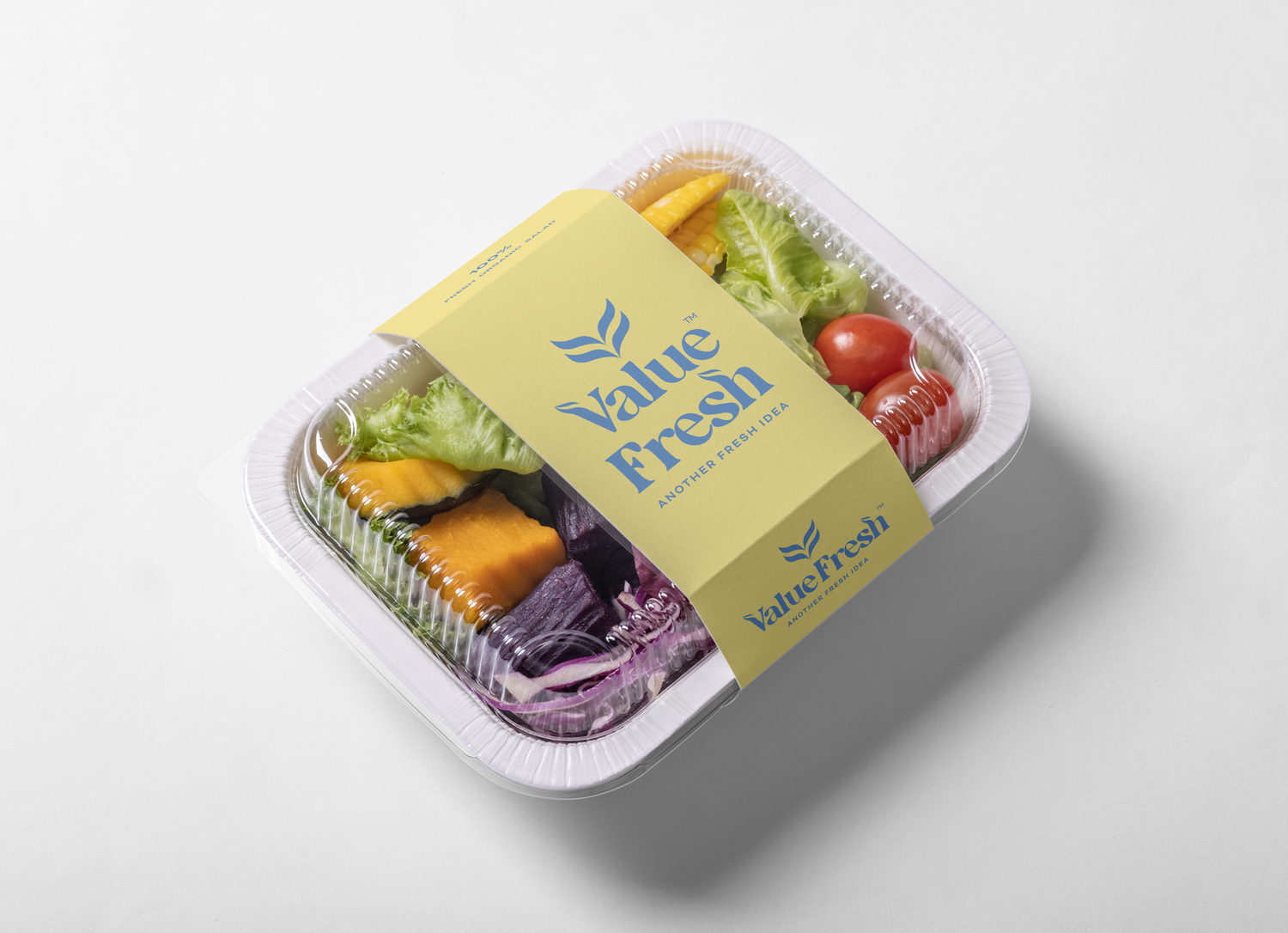Clear eco-friendly packaging with Value Fresh branding, designed for food packaging that reduces environmental impact while maintaining product appeal.