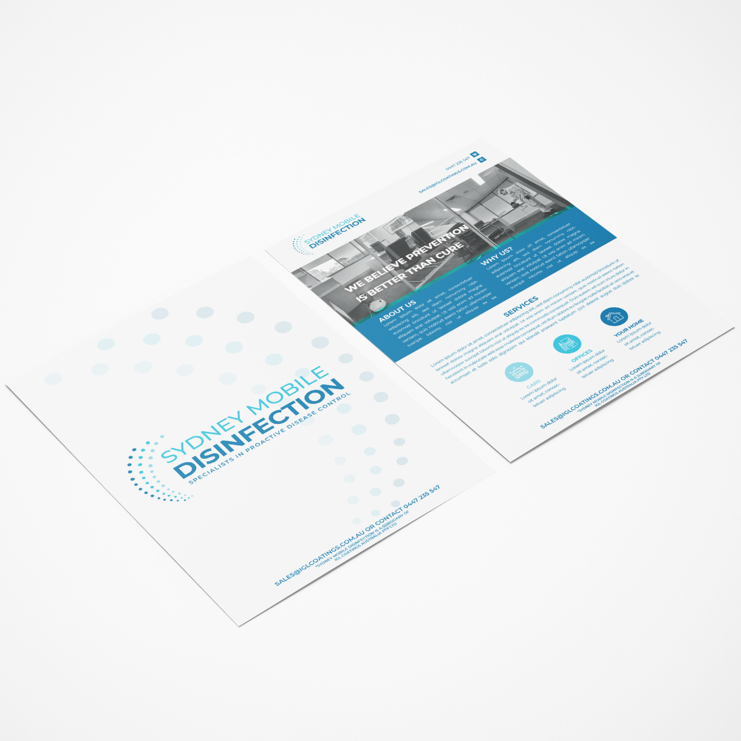 Clean and informative brochure and flyer design for Sydney Mobile Disinfection, conveying reliability in brand messaging.