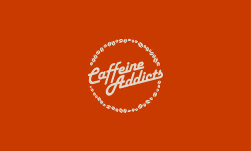 Caffeine Addicts coffee brand logo with bold red and white typography.