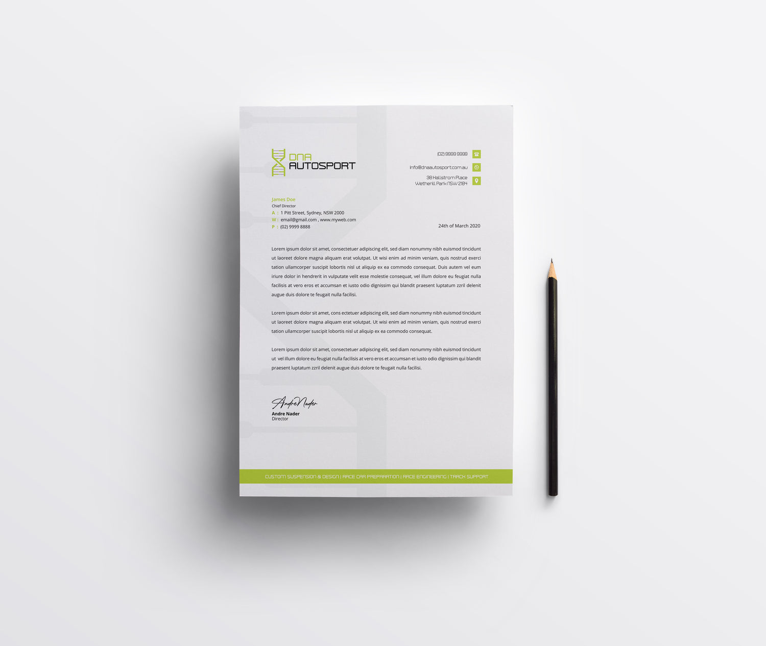 Professional letterhead design for Autosport, ensuring consistent and polished business correspondence.