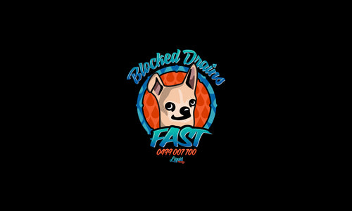Liquid Plumbing Co Dog logo with playful dog character, representing friendly plumbing services.