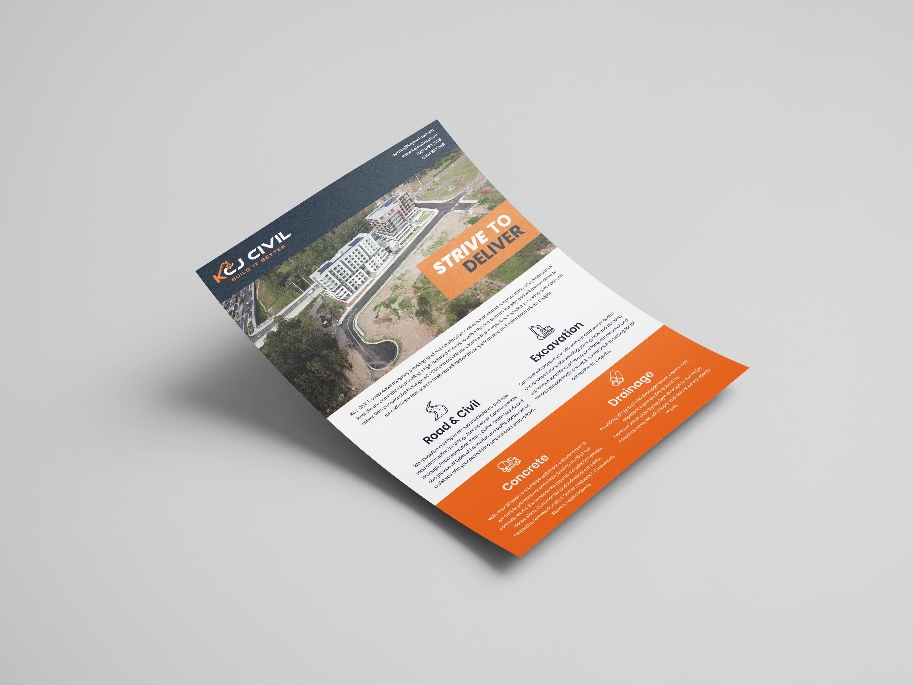 KCJ Civil company brochure design showcasing services and projects in road and civil, excavation, concrete, and drainage.