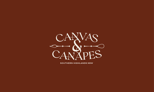 Canvas & Canapes logo in brown and white with elegant font