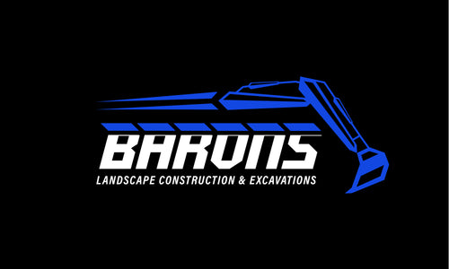 Barons Landscape Construction & Excavation logo in blue and white with bold design.