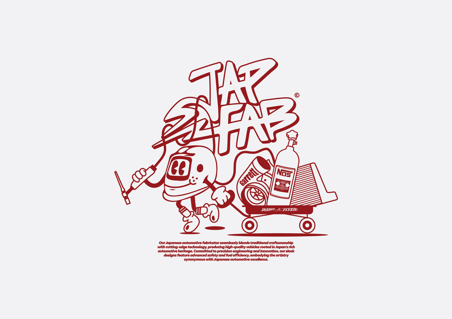 Illustrated logo design for Jap Fab featuring a cartoon character pushing a cart with branding elements. Part of Tiana Kaiserfeld's Branding Portfolio, showcasing unique logos and brand identities for businesses.