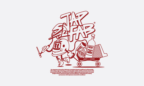 Jap Fab logo with red line art design featuring playful character.