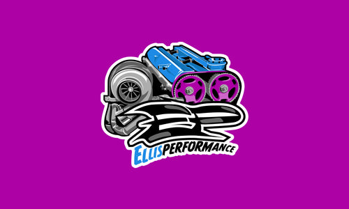 Ellis Performance logo with vibrant purple background and automotive icons.