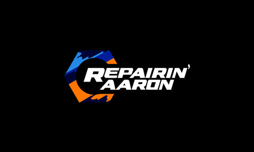Repairin' Aaron logo in black and orange with a bold, mechanical theme.