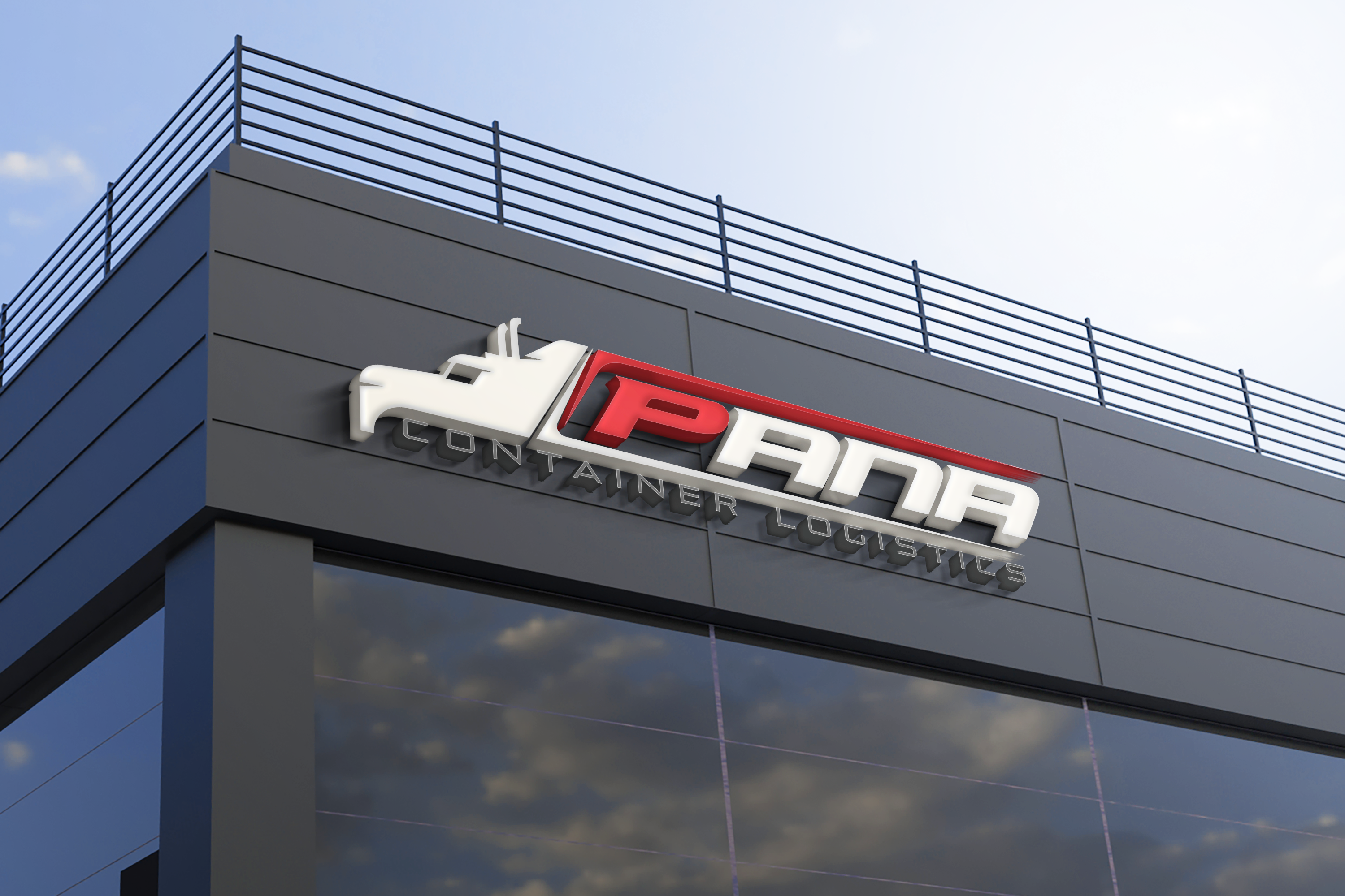Exterior view of Pana Container Logistics building with bold red and white 3D logo signage, showcasing modern branding for a logistics company against a sleek dark facade.