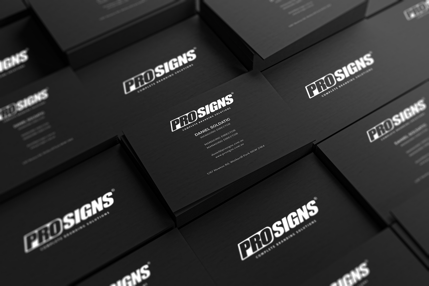 Professional business card design for PROSIGNS, emphasizing strong, memorable branding for client representation.
