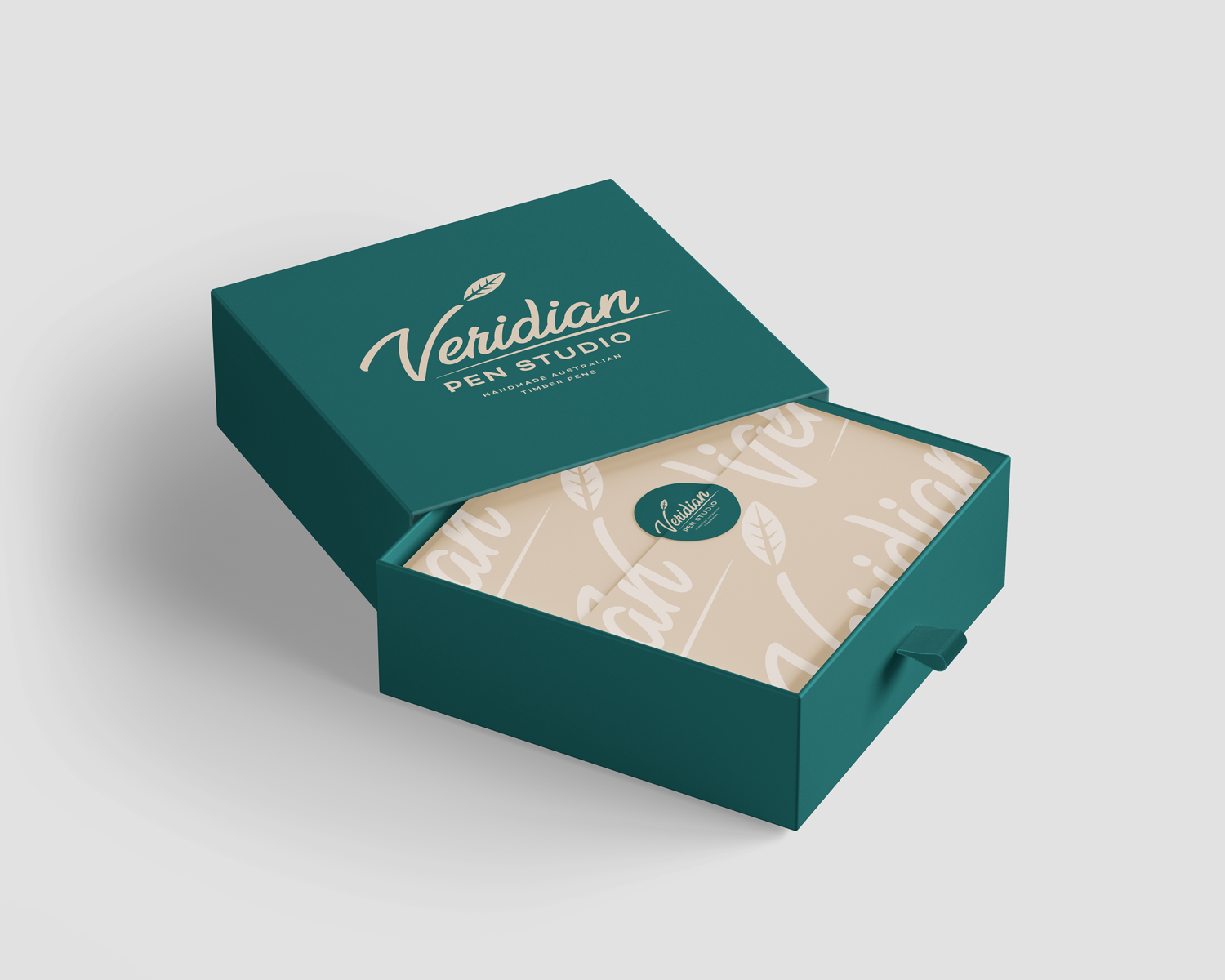 Packaging design for Veridian Pen Studio, offering an attractive, branded unboxing experience with custom packaging for pens.