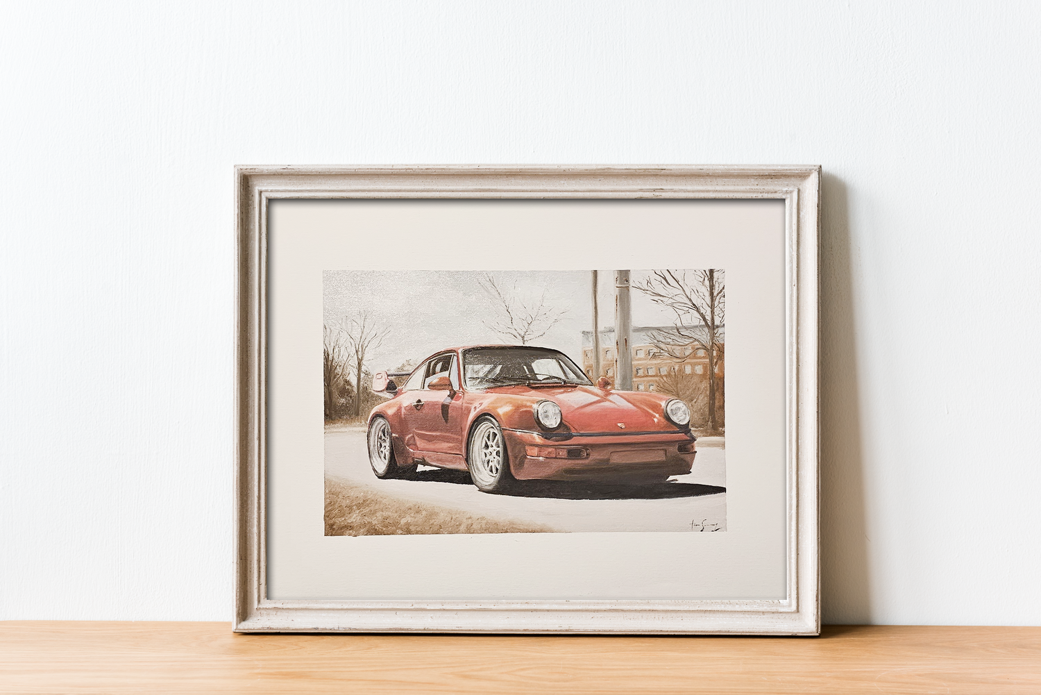 Framed oil painting of a classic Porsche with detailed realism.