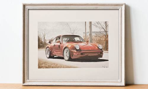 Framed oil painting of a classic Porsche with detailed craftsmanship.