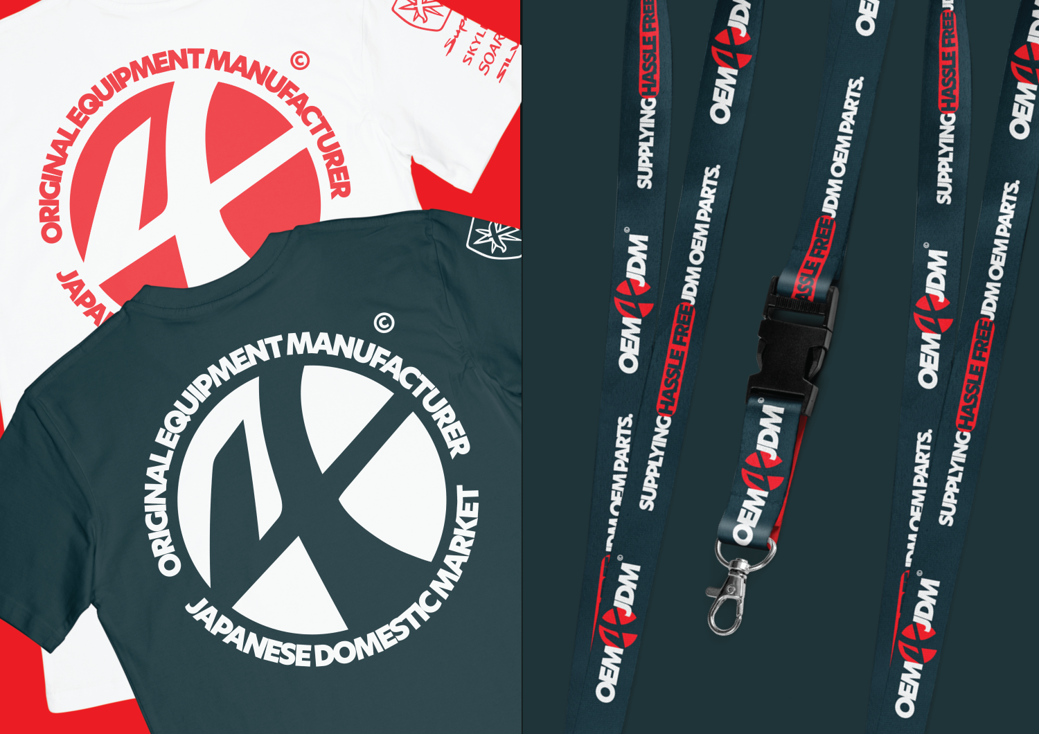 OEM JDM branded apparel and lanyard set, featuring bold red and white 'Original Equipment Manufacturer' logo on t-shirts and 'Supplying Hassle-Free JDM OEM Parts' slogan on navy blue lanyards, highlighting strong brand identity for automotive enthusiasts.