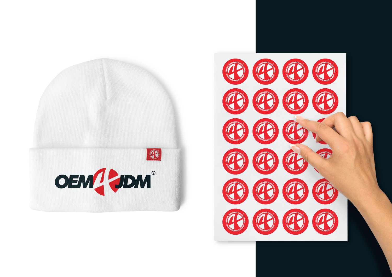 OEM JDM beanie and custom stickers, showcasing branded merchandise ideal for promotional giveaways.