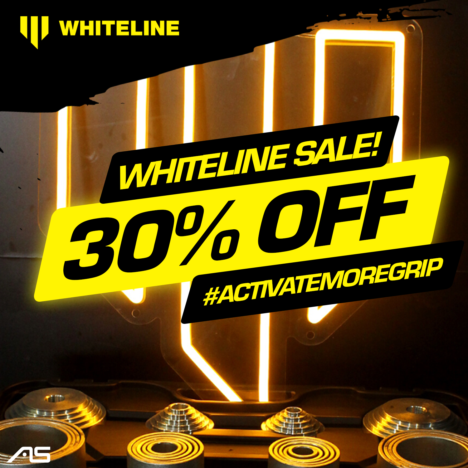 Eye-catching social media graphic for Whiteline sale, highlighting a 30% discount with bold typography and high-contrast colours