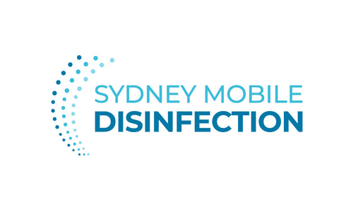 Sydney Mobile Disinfection logo in blue with dotted design elements.