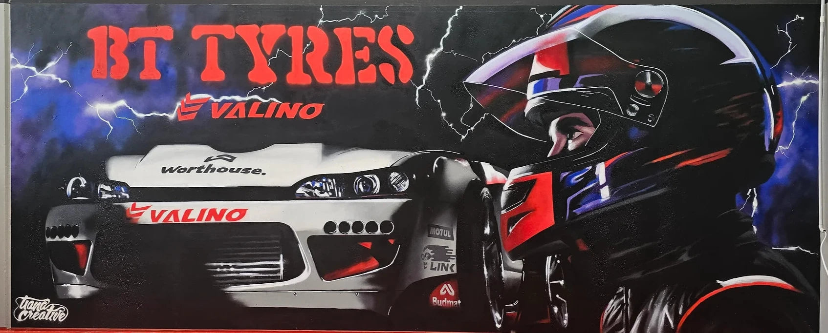 S15 Valino drift car mural created for BT Tyres, highlighting speed and power.