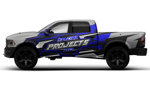 Special Projects HQ utility truck graphics with a bold blue and silver design, representing strength and professionalism for industrial branding.