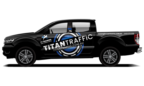 Titan Traffic utility truck wrap with black and blue design for traffic management branding.