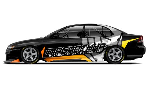 Macarthur Motorsport car with bold black, yellow, and white livery design.