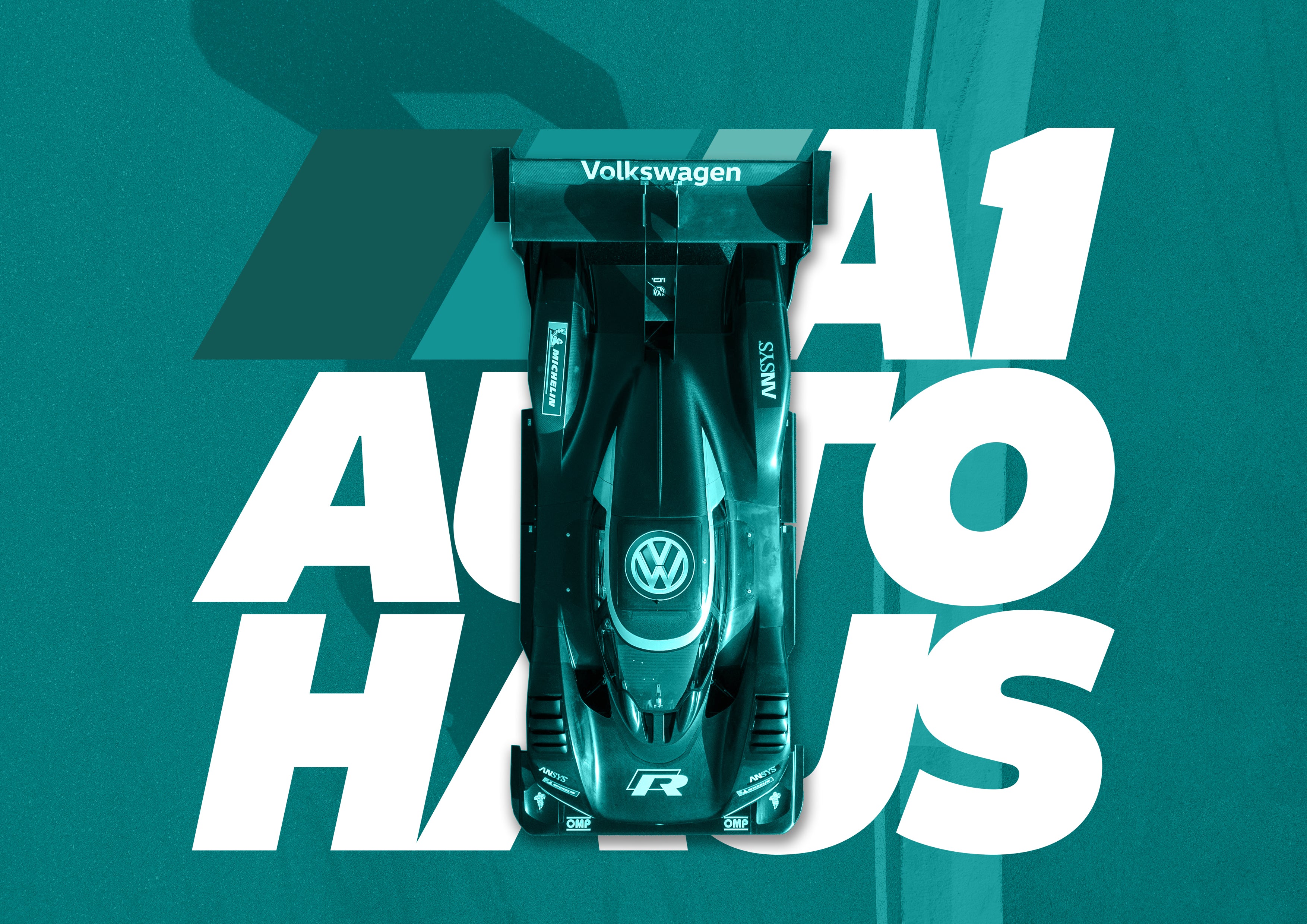 Creative website banner design featuring a Volkswagen race car with A1 Auto Haus branding, highlighting high-performance design elements