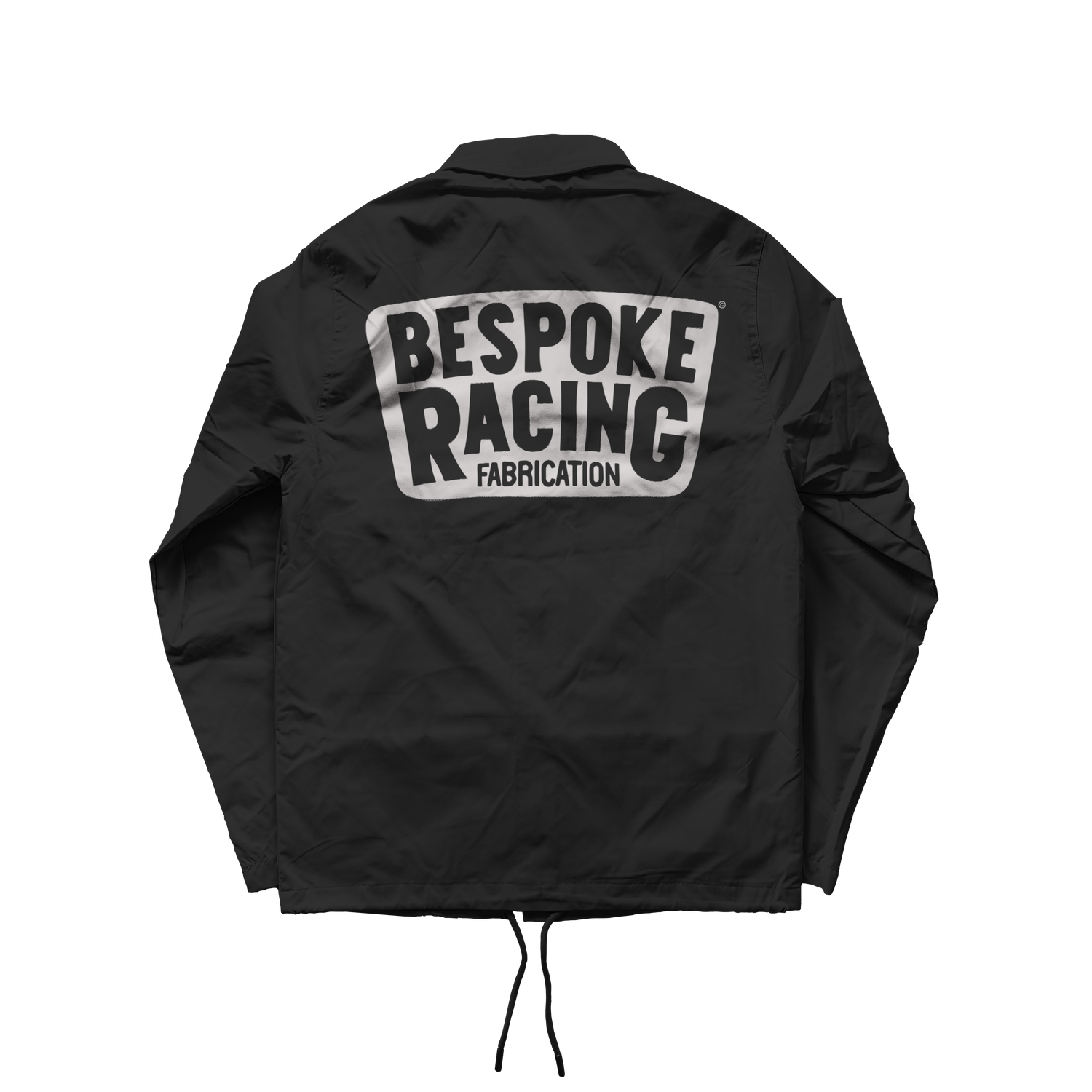 Custom jacket design with bold 'Bespoke Racing Fabrication' branding, showcasing brand merchandise for audience connection