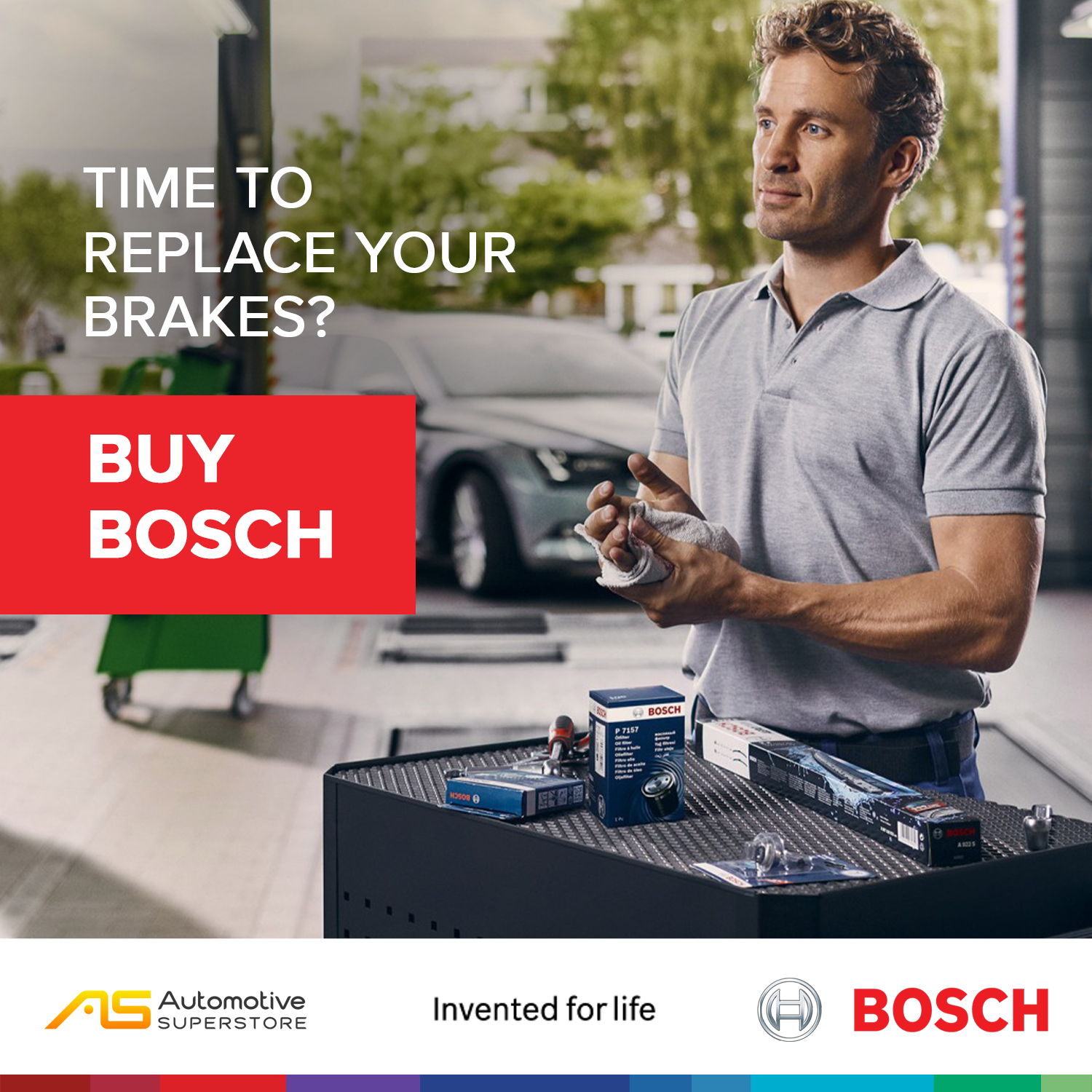 Digital ad design for Bosch automotive brakes, with a strong call to action for brand visibility and customer engagement.