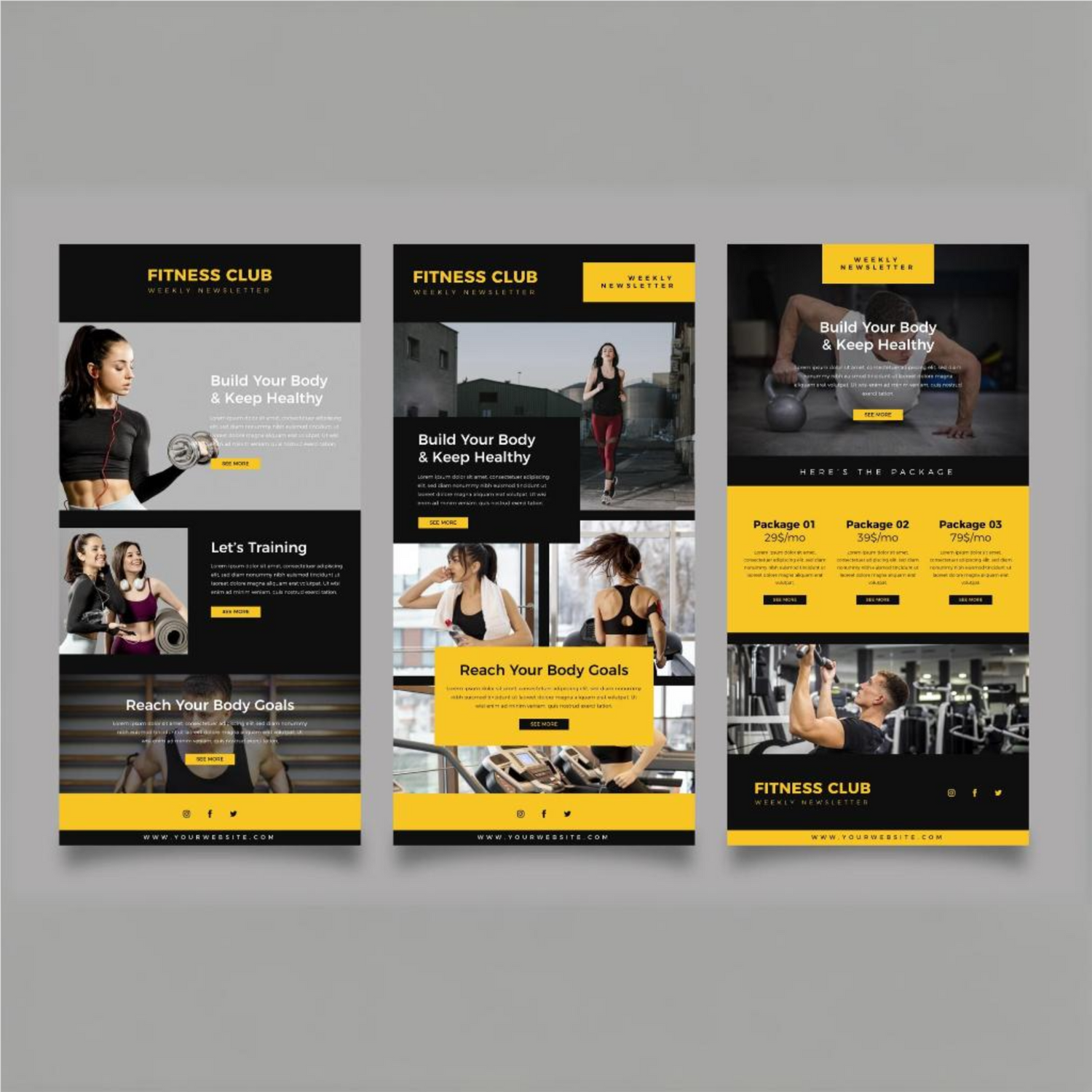 Custom email newsletter design for fitness club, maintaining brand consistency across digital marketing.